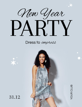 Plantilla de diseño de Woman in Stunning Dress at New Year Party on Grey Flyer 8.5x11in 