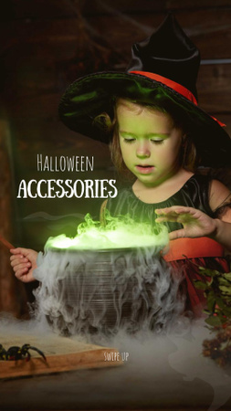 Ontwerpsjabloon van Instagram Story van Halloween Accessories Offer with Girl in Witch Costume