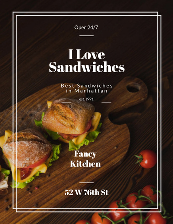Fresh Tasty Sandwiches on Wooden Board with Tomatoes Poster 8.5x11in – шаблон для дизайну