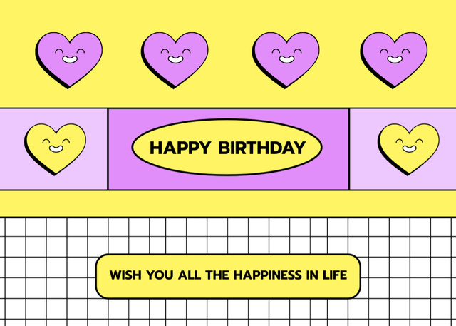 Designvorlage Birthday Wishes with Cute Hearts für Postcard 5x7in