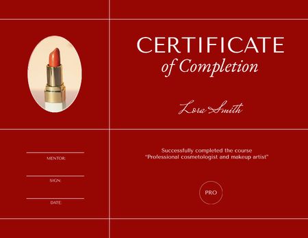 Completion Beauty Course Award with Lipstick Certificate Design Template
