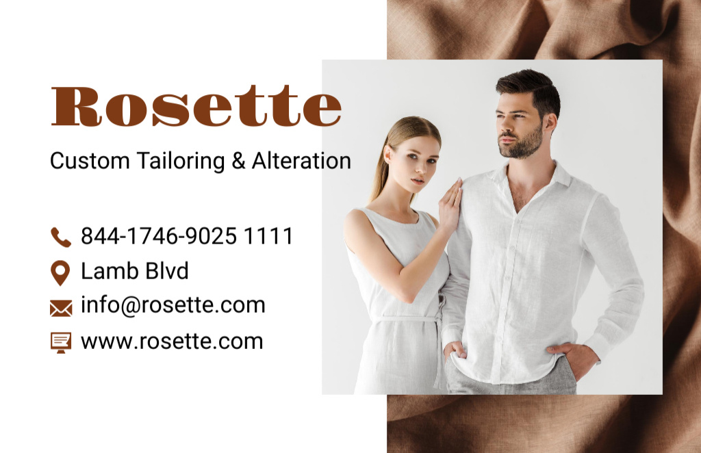 Custom Tailoring Services Ad with Couple in White Clothes Business Card 85x55mmデザインテンプレート