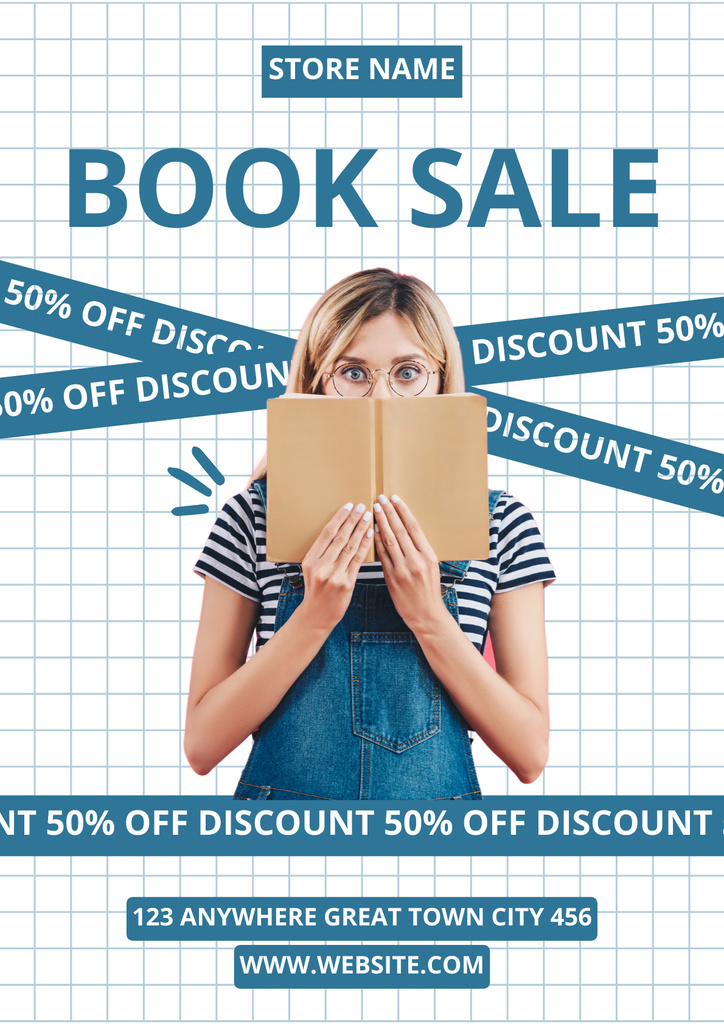 Book Sale Announcement with Woman Reader Poster Design Template