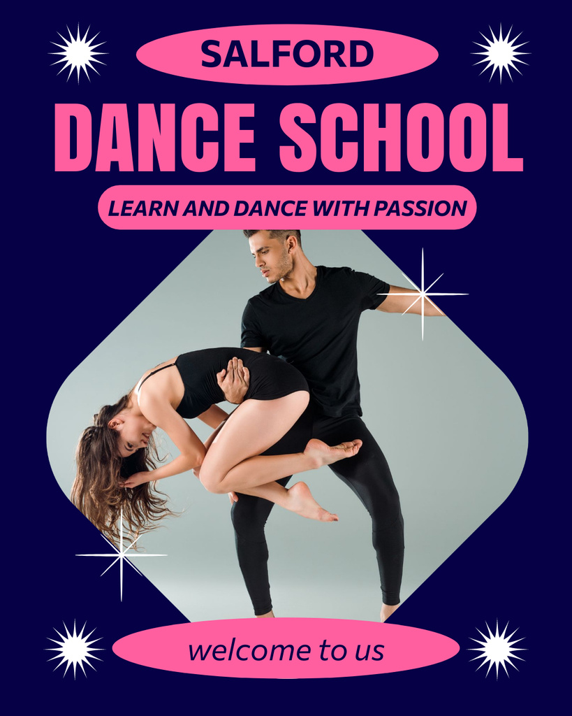 Plantilla de diseño de Promo of Dance School with Dancing Couple Instagram Post Vertical 