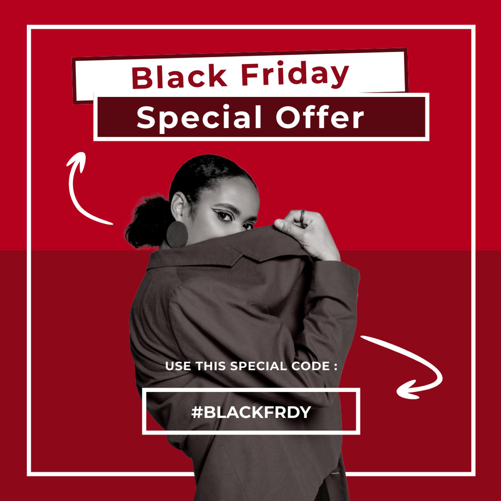 Szablon projektu Black Friday Sale Ad with Woman in Elegant Blazer Instagram AD