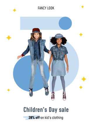 Children Clothing Sale with Cute Girls in Denim Poster 28x40in Design Template