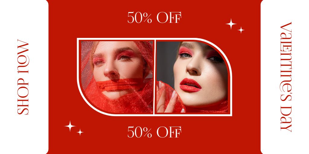 Valentine's Day Sale with Beautiful Woman on Red Twitter Design Template