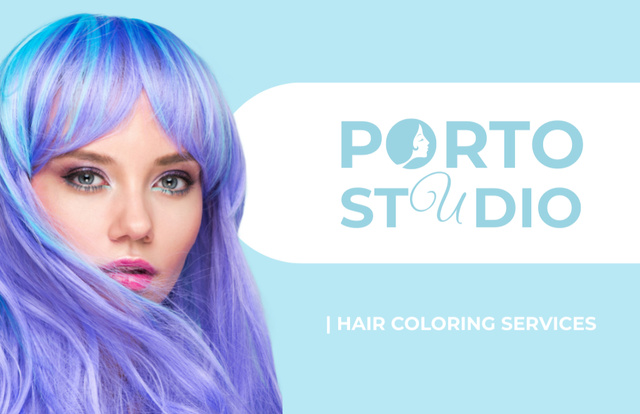 Plantilla de diseño de Hair Salon Services Offer with Woman with Bright Purple Hairstyle Business Card 85x55mm 