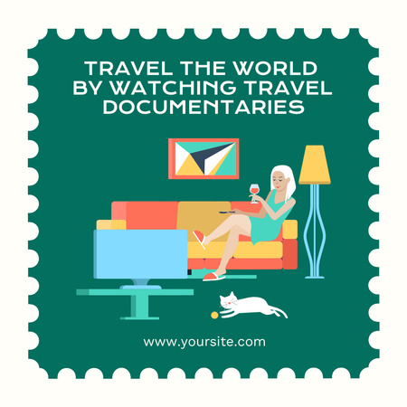 Woman Watching Travel Documentaries at Home Instagram tervezősablon