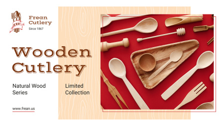 Kitchenware Ad with Wooden Cutlery Set Presentation Wide Design Template