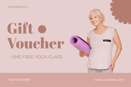 Template di design Offerta di una lezione di yoga gratuita con una donna anziana Gift Certificate