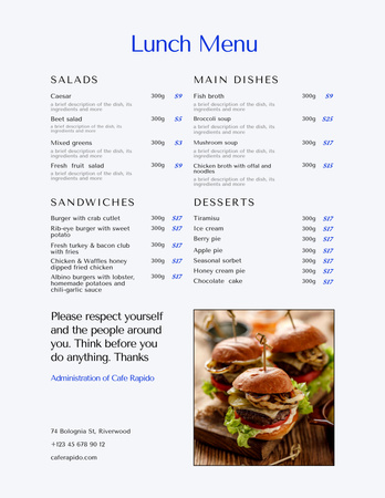 Lunch Menu Announcement with Appetizing Burgers Menu 8.5x11in Modelo de Design