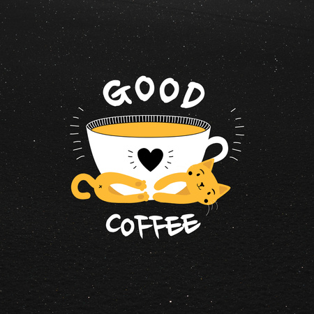 Coffee House Emblem with Cute Cat Logo 1080x1080px – шаблон для дизайна