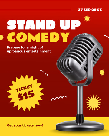 Modèle de visuel Spectacle d'humour stand-up avec microphone en rouge - Instagram Post Vertical