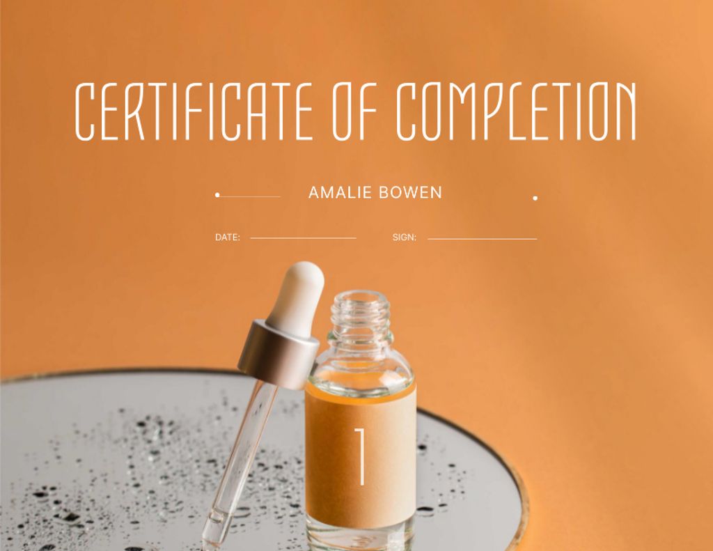 Ontwerpsjabloon van Certificate van Beauty Course Completion Award with Cosmetic Oil Jar
