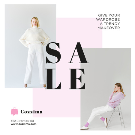 Designvorlage Kleidung Sale Frau in weißer Kleidung für Instagram