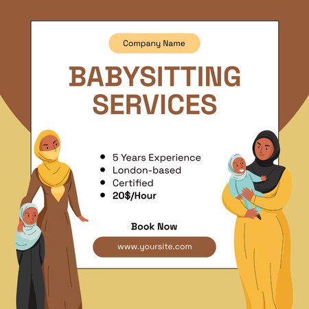 Babysitting Services Ad with Muslim Kids and Nanny Instagram Design Template