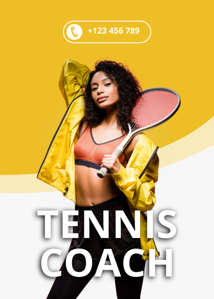 Platilla de diseño Beautiful Sportswoman Instructor Holding Tennis Racket Flayer