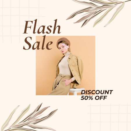 Discount Fashionable Clothing with Woman Posing in Beige Instagram Design Template
