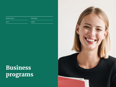 Business School Services Offer with Smiling Student Presentationデザインテンプレート