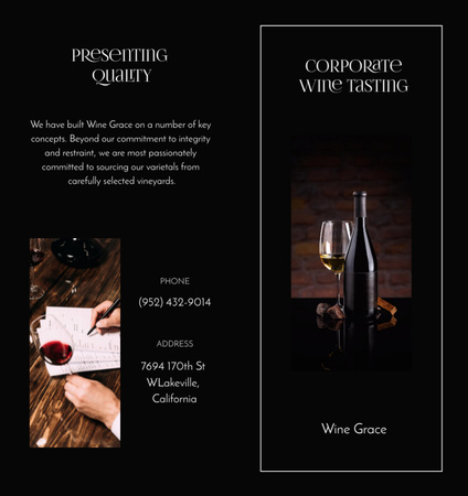 Wine Tasting Event with Wineglass and Bottle in Black Brochure Din Large Bi-foldデザインテンプレート