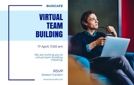 Platilla de diseño Virtual Team Building Meeting Announcement with Man by Laptop Invitation 4.6x7.2in Horizontal