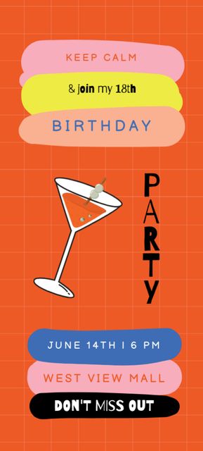 Birthday Party Announcement with Colorful Blots on Orange Invitation 9.5x21cm Design Template