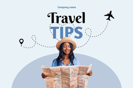 Designvorlage  Travel Tips With  Beautiful Woman In Hat für Flyer 4x6in Horizontal