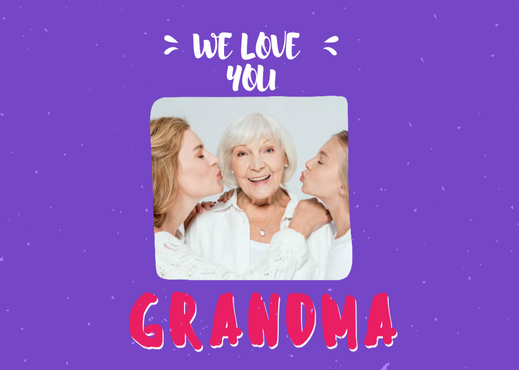 Ontwerpsjabloon van Postcard 5x7in van Cute Love Phrase For Grandma With Grandchildren in Purple