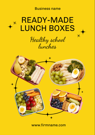 Designvorlage Werbung für Schullebensmittel mit verschiedenen Lunchboxen für Flyer A7