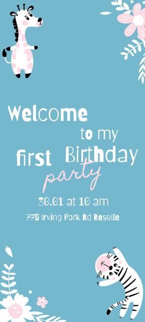 First Birthday Party Announcement with Cute Animals Invitation 9.5x21cm Design Template