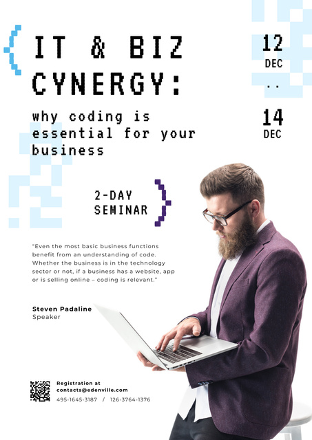 Plantilla de diseño de IT Conference Announcement with Man Working on Laptop Poster 