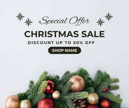 Template di design Annuncio di vendita di Natale con rami di abete decorati Facebook