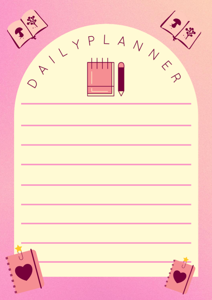 Study Daily Planner in Pink with Illustration of Books Schedule Planner Design Template
