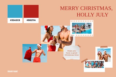 Modèle de visuel Vacances de Noël en juillet avec un jeune couple en mer avec des cadeaux - Mood Board