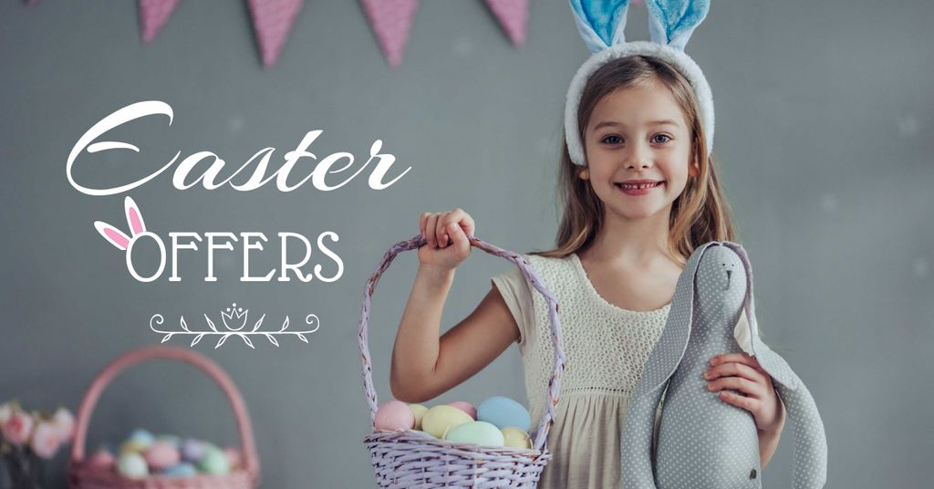 Ontwerpsjabloon van Facebook AD van Easter Offer with Girl holding Eggs Basket