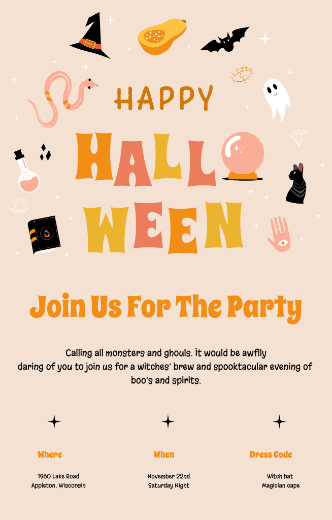 Modèle de visuel Halloween Party Announcement With Cute Holiday Attributes - Invitation 4.6x7.2in