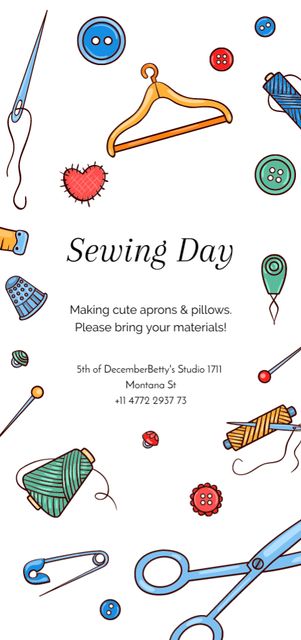 Sewing Day Event Announcement with Needlework Tools Flyer DIN Large – шаблон для дизайну