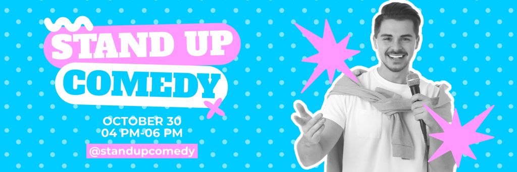 Stand-up Comedy Show with Young Smiling Man Performer Twitter Tasarım Şablonu