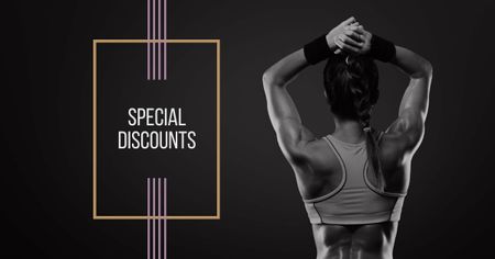 Special Discounts Ad with Woman's Fit Strong Body Facebook AD Design Template