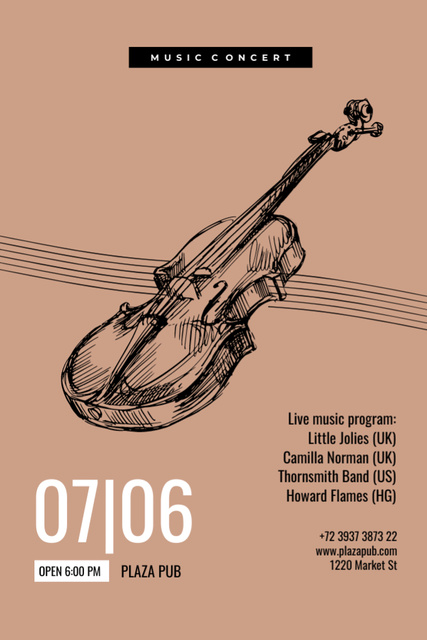 Classical Music Concert with Sketch of Violin In June Flyer 4x6in Tasarım Şablonu