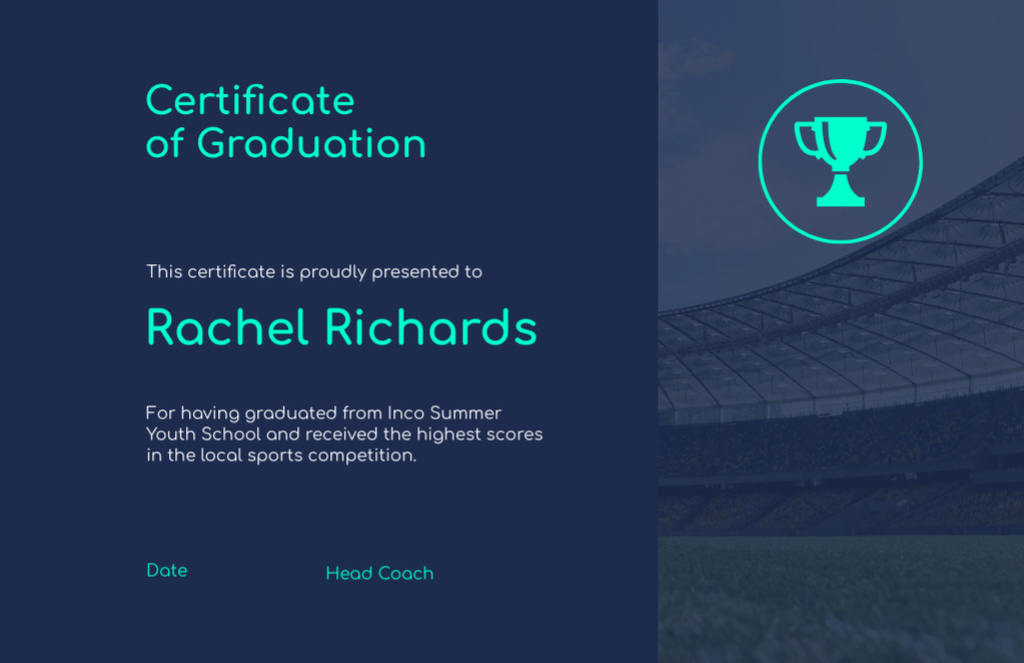 Summer School Graduation with Cup on Football Field Certificate 5.5x8.5in – шаблон для дизайну