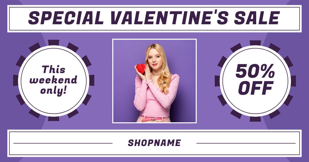 Valentine's Day Special Sale Announcement with Young Blonde Woman Facebook ADデザインテンプレート