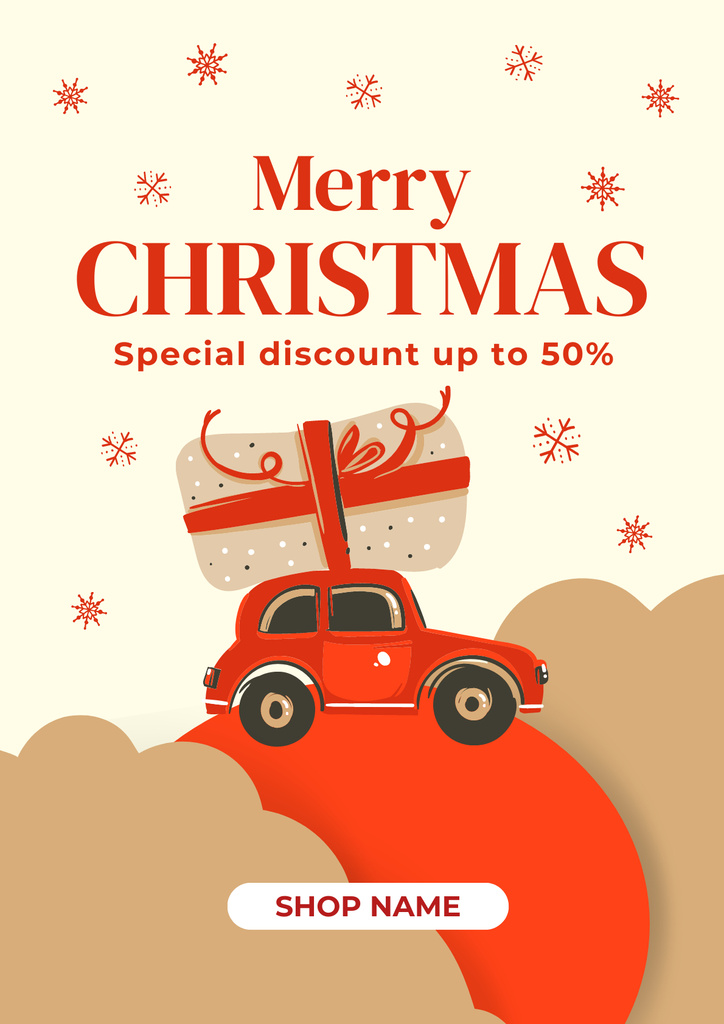 Christmas Offer Illustrated with Cute Car Poster Design Template