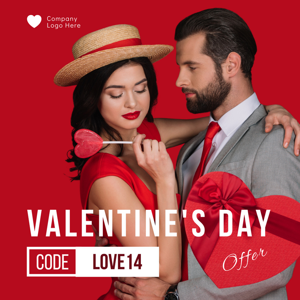 Valentine's Day Sale Announcement with Young Beautiful Couple in Love Instagram AD Design Template