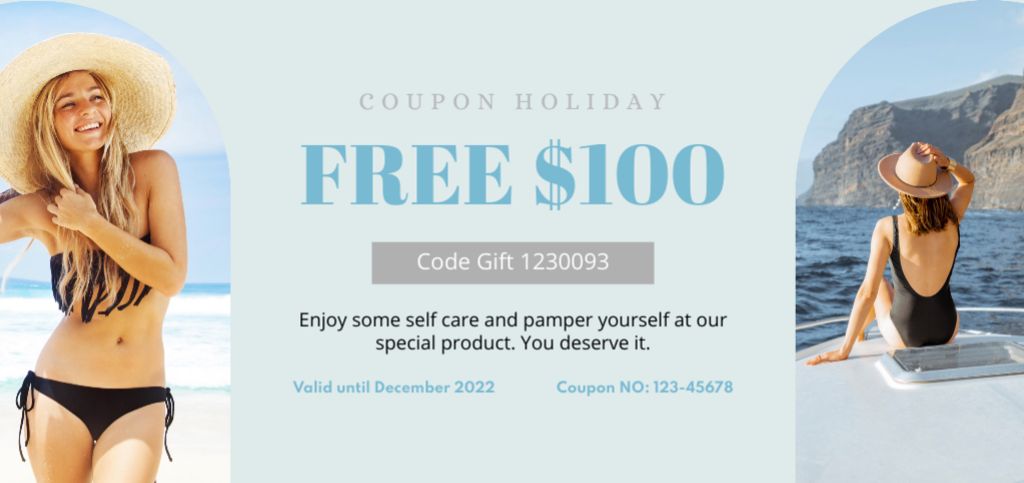 Template di design Holiday Voucher with Happy Woman on Beach Coupon Din Large