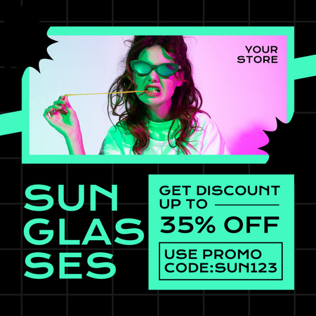 Platilla de diseño Discount on Sunglasses with Woman in Pink Neon Light Instagram