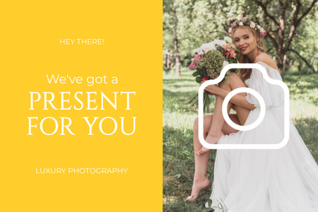 Wedding Photography Services Ad with Beautiful Bride in Garden Gift Certificate tervezősablon