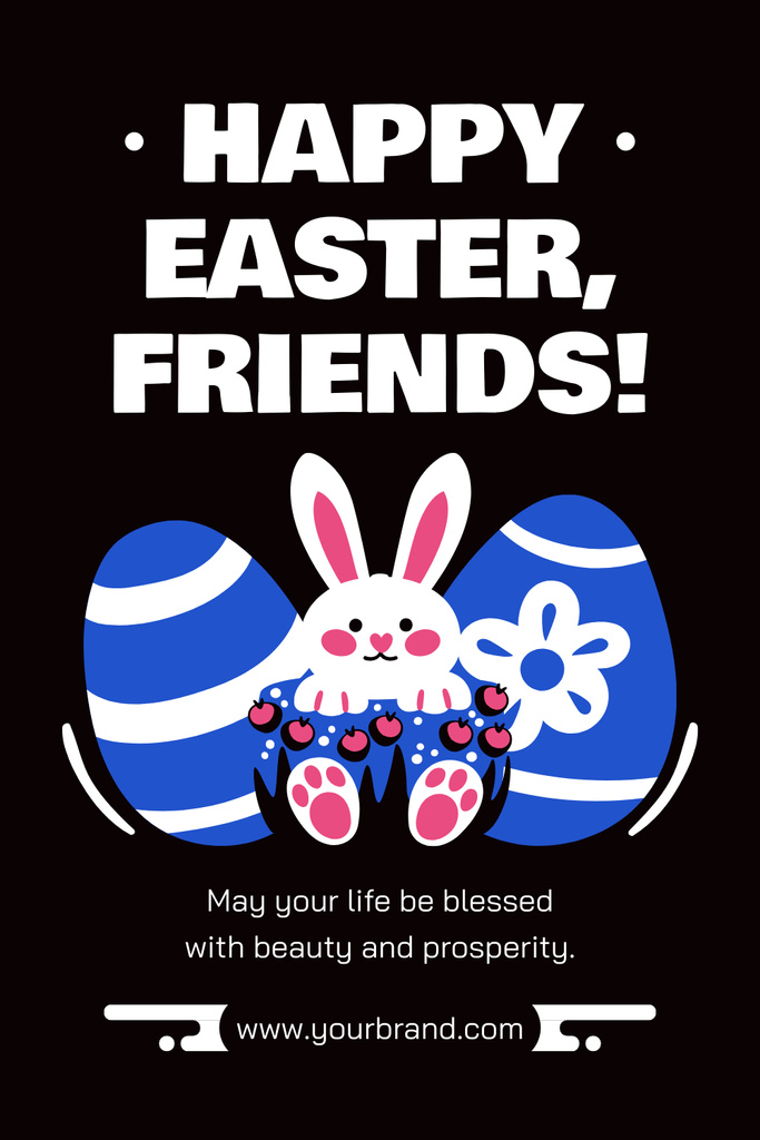 Plantilla de diseño de Easter Greeting with Adorable Bunny and Eggs Pinterest 