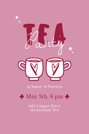 Tea Party Announcement with Cute Cups  Invitation 6x9in Design Template